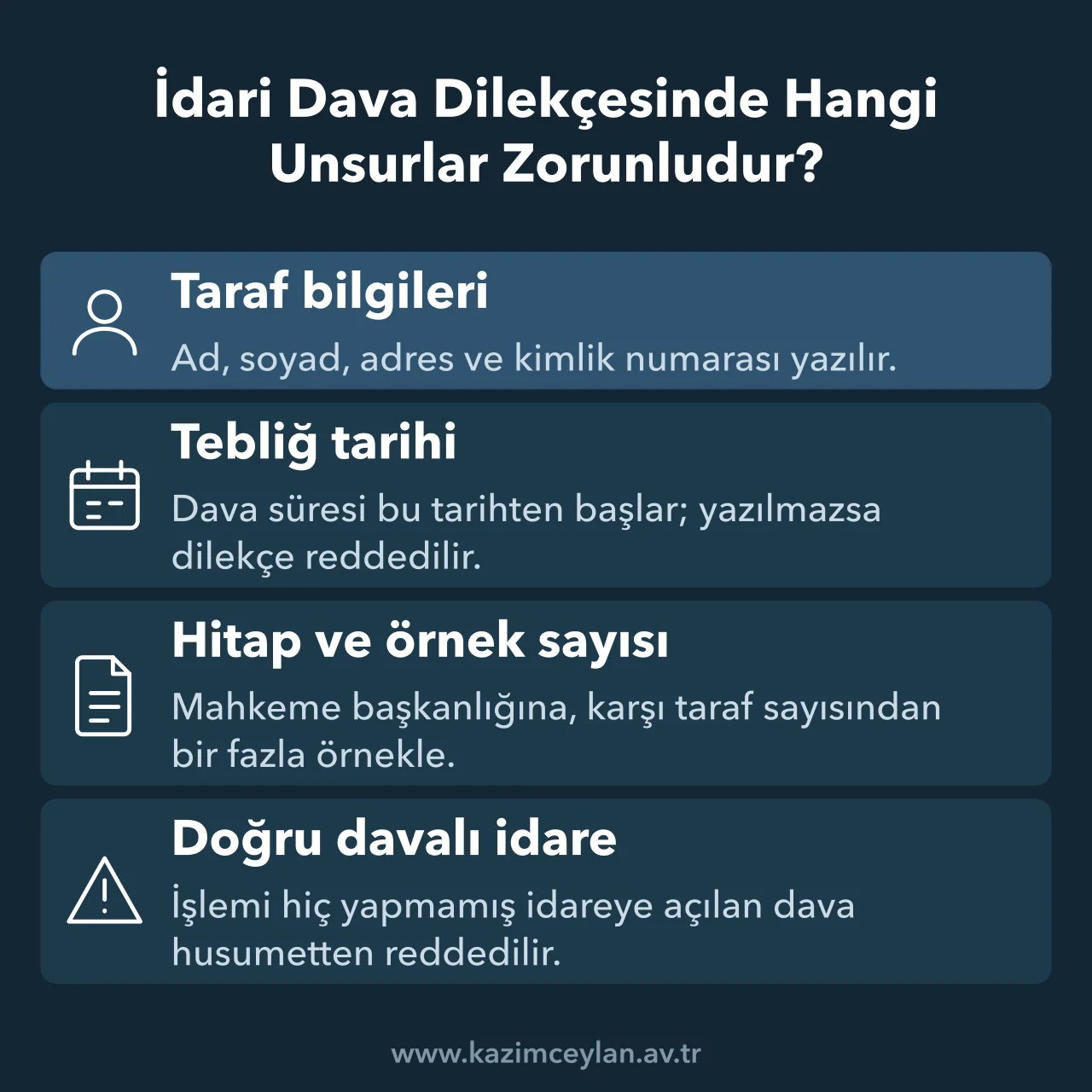 İdare mahkemesine verilecek dilekçede bulunması gereken temel unsurları gösteren şema