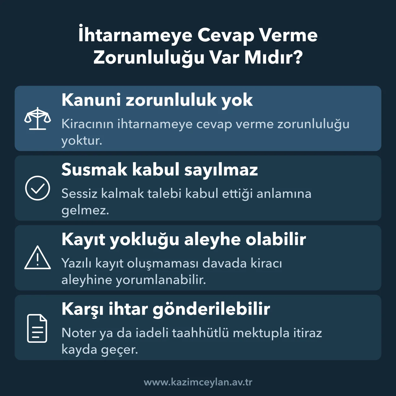 İhtarnameye Cevap Verme Zorunluluğu Var Mıdır Kiracının ihtarnameye cevap vermemesinin sonuçlarını ve karşı ihtar imkanını gösteren şema