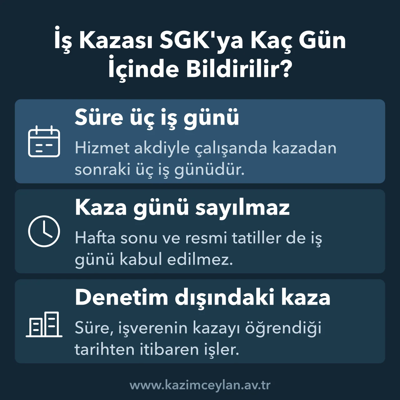 İş kazasının SGK'ya bildirim süresini ve bu sürenin nasıl hesaplandığını özetleyen şema