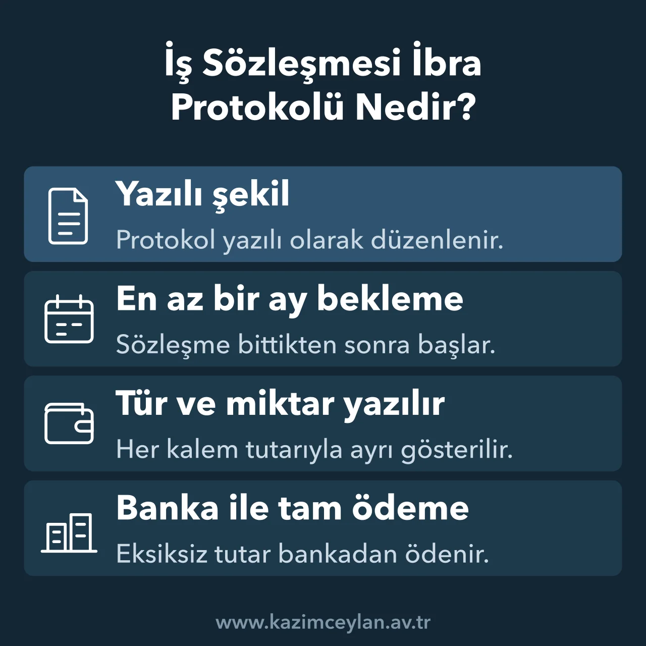 TBK 420 uyarınca işçi ibrasının geçerliliği için birlikte aranan dört şartı gösteren kart
