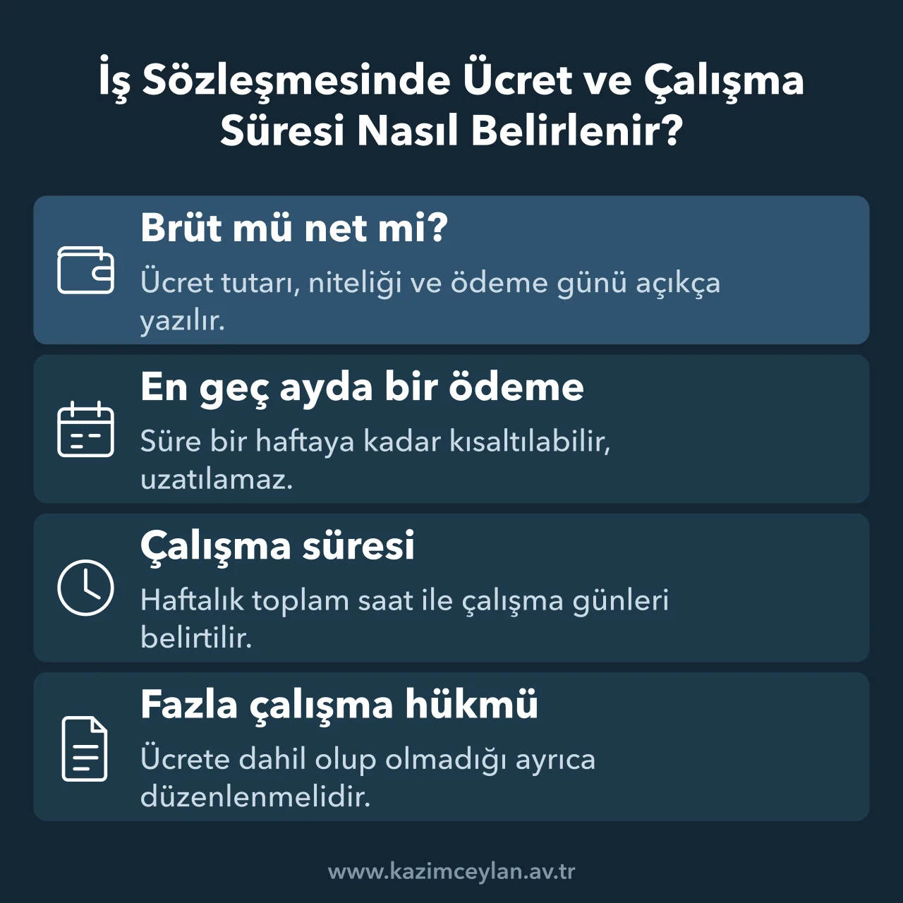 İş Sözleşmesinde Ücret ve Çalışma Süresi Nasıl Belirlenir İş sözleşmesinde ücret ve çalışma süresi maddelerinin içermesi gerekenleri özetleyen şema