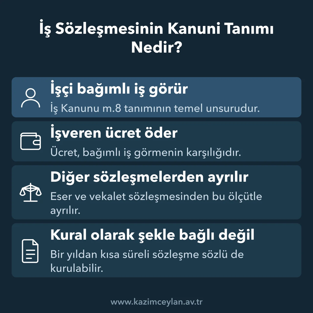 İş Sözleşmesinin Kanuni Tanımı Nedir İş Kanunu 8. maddeye göre iş sözleşmesini diğerlerinden ayıran ölçütleri gösteren şema