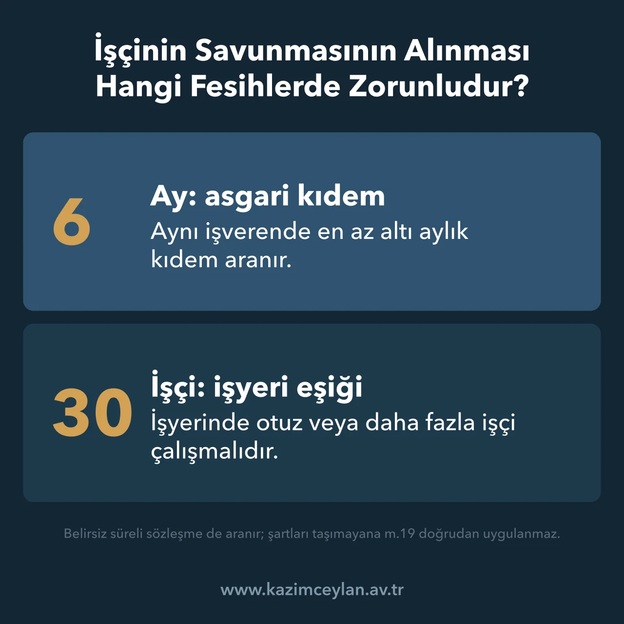 İşçinin Savunmasının Alınması Hangi Fesihlerde Zorunludur İş güvencesi kapsamında savunma için aranan kıdem ve işçi sayısı eşiğini gösteren kart