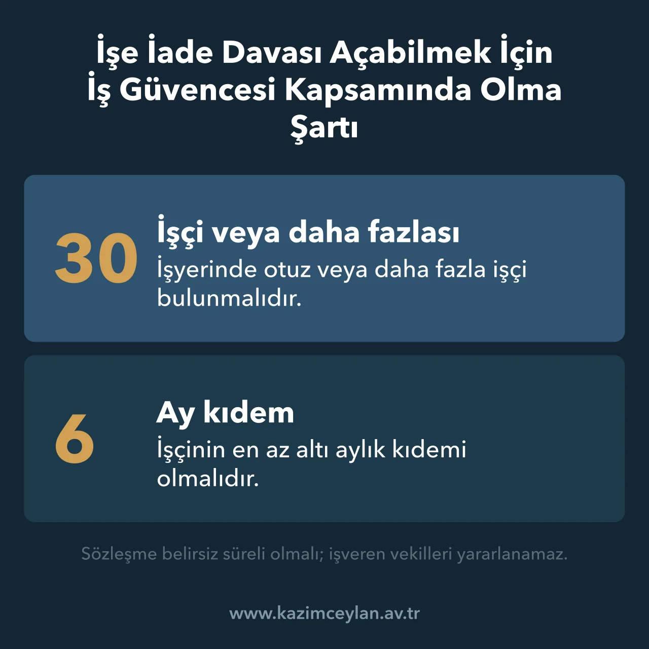 İşe İade Davası Açabilmek İçin İş Güvencesi Kapsamında Olma Şartı İş güvencesi için aranan otuz işçi ve altı aylık kıdem eşiklerini gösteren şema