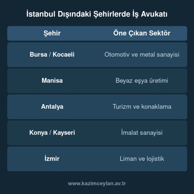 İstanbul dışındaki şehirlerde öne çıkan sektörleri gösteren tablo