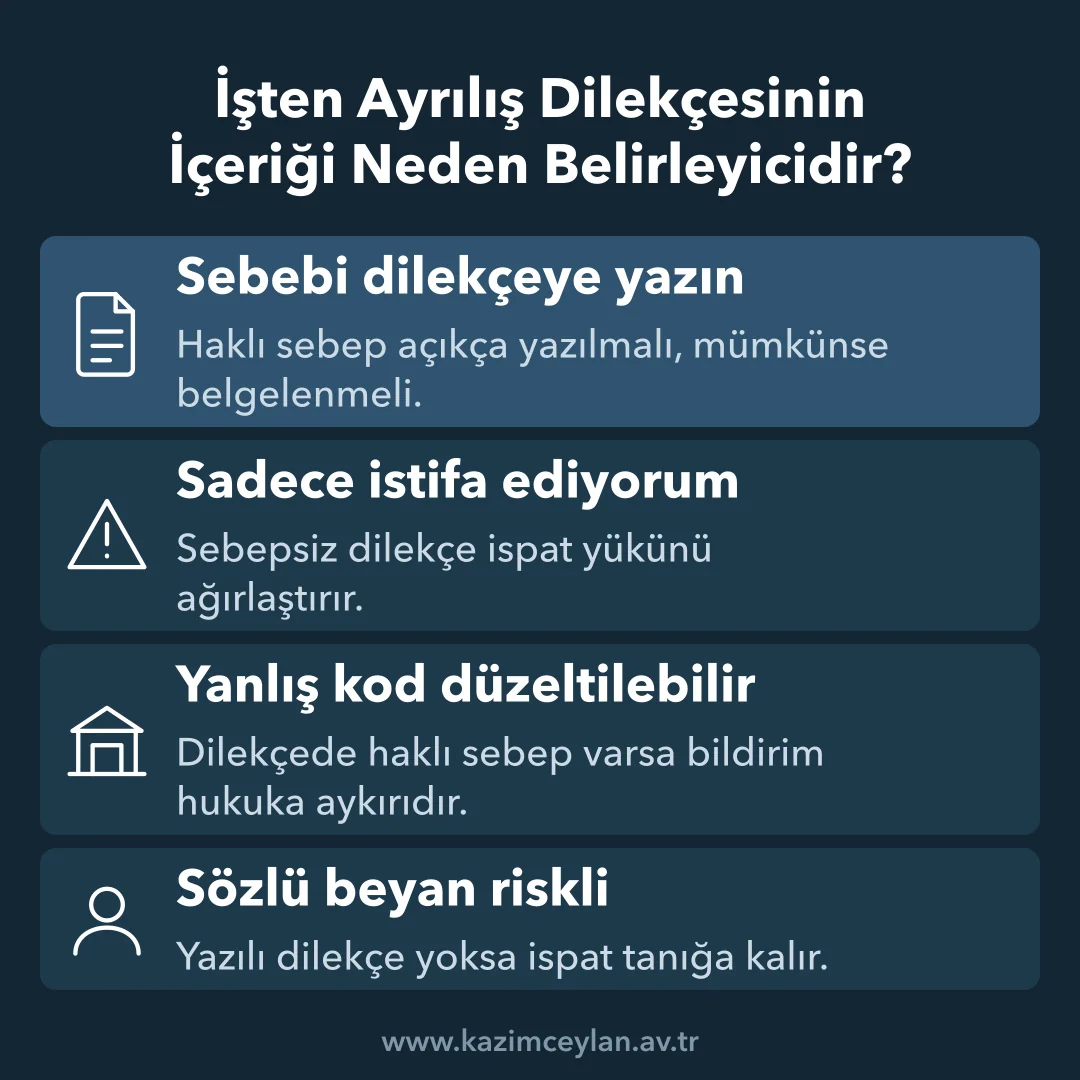 İşten Ayrılış Dilekçesinin İçeriği Neden Belirleyicidir Ayrılış dilekçesinin içeriğinin ispat gücüne etkisini gösteren şema