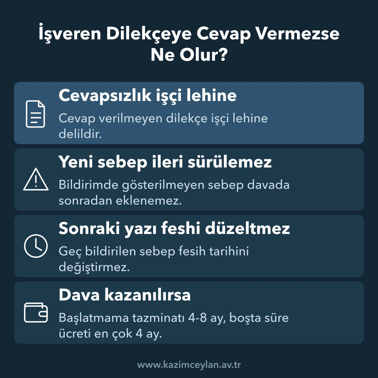 İşveren Dilekçeye Cevap Vermezse Ne Olur İşverenin fesih sebebini bildirmemesinin işe iade davasındaki sonuçlarını özetleyen şema