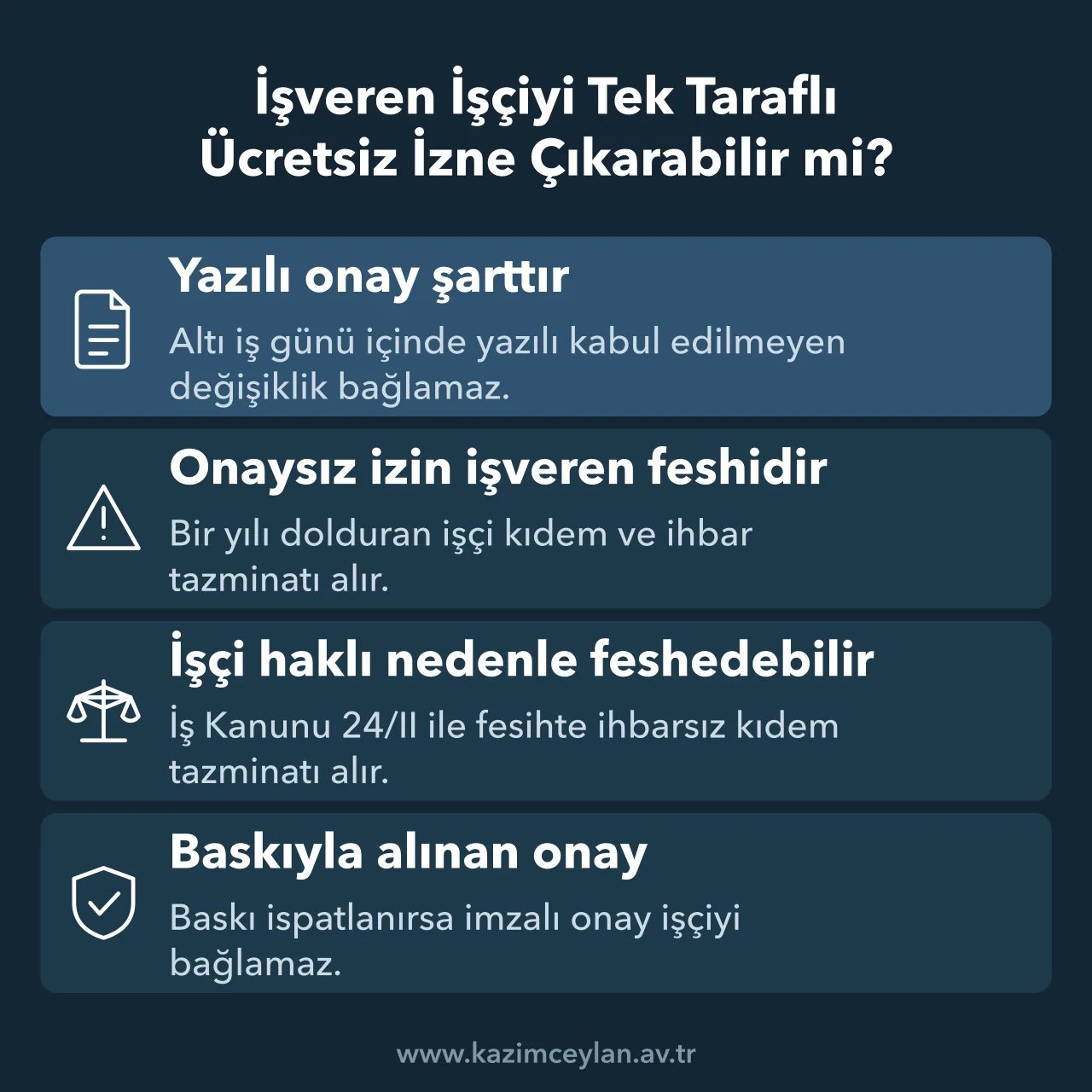 İşveren İşçiyi Tek Taraflı Ücretsiz İzne Çıkarabilir mi Onaysız ücretsiz iznin sonuçlarını ve altı iş günlük yazılı kabul şartını gösteren şema