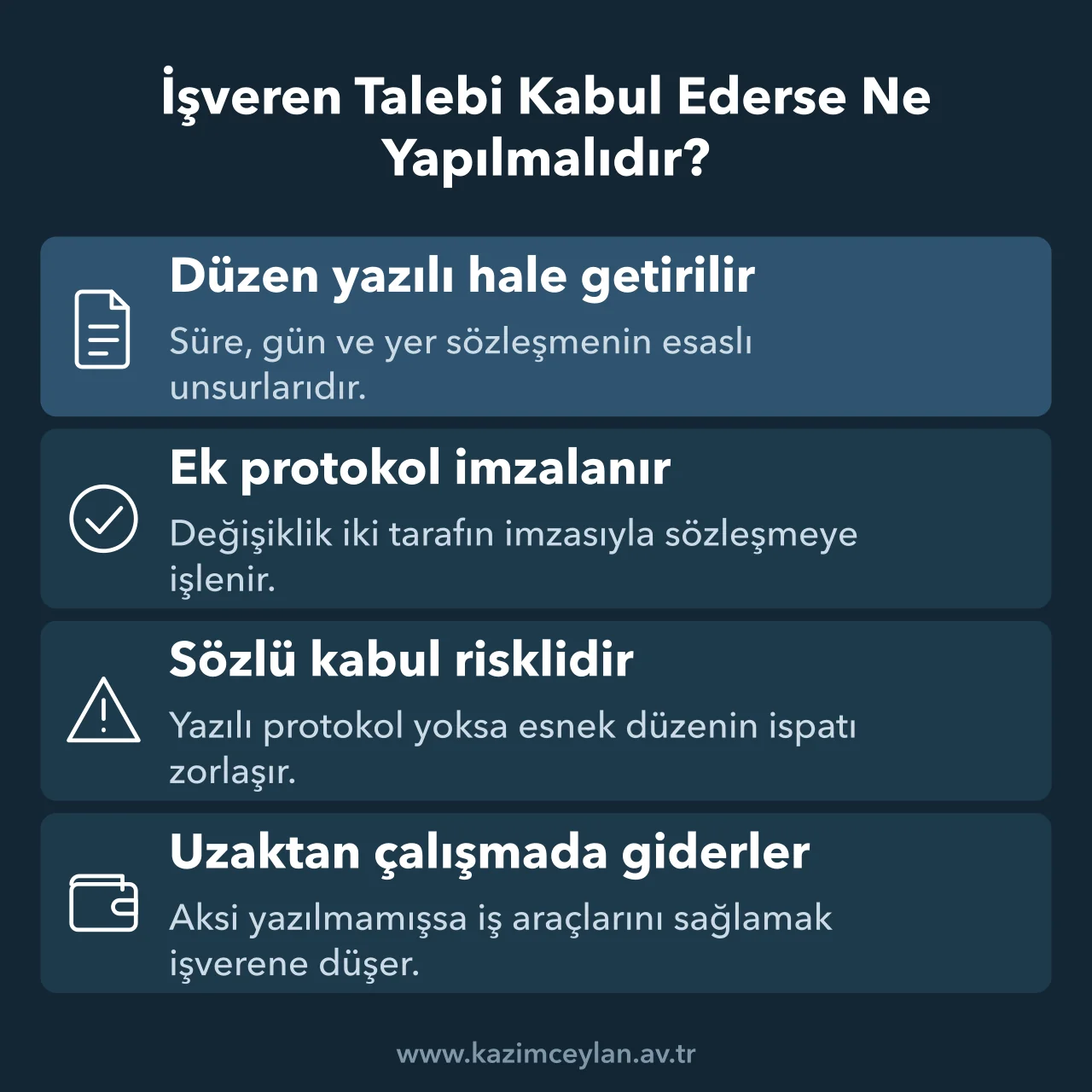 İşveren Talebi Kabul Ederse Ne Yapılmalıdır Kabul edilen esnek düzenin ek protokolle yazıya geçirilmesini ve gider kuralını gösterir