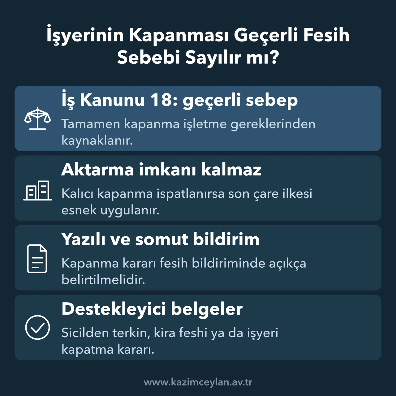İşyerinin tamamen kapanmasının geçerli fesih sayılma koşullarını özetleyen şema