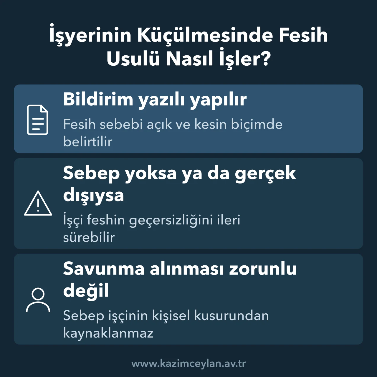 İşyerinin Küçülmesinde Fesih Usulü Nasıl İşler Küçülme feshinde yazılı bildirim, sebep gösterme ve savunma kurallarını özetleyen şema