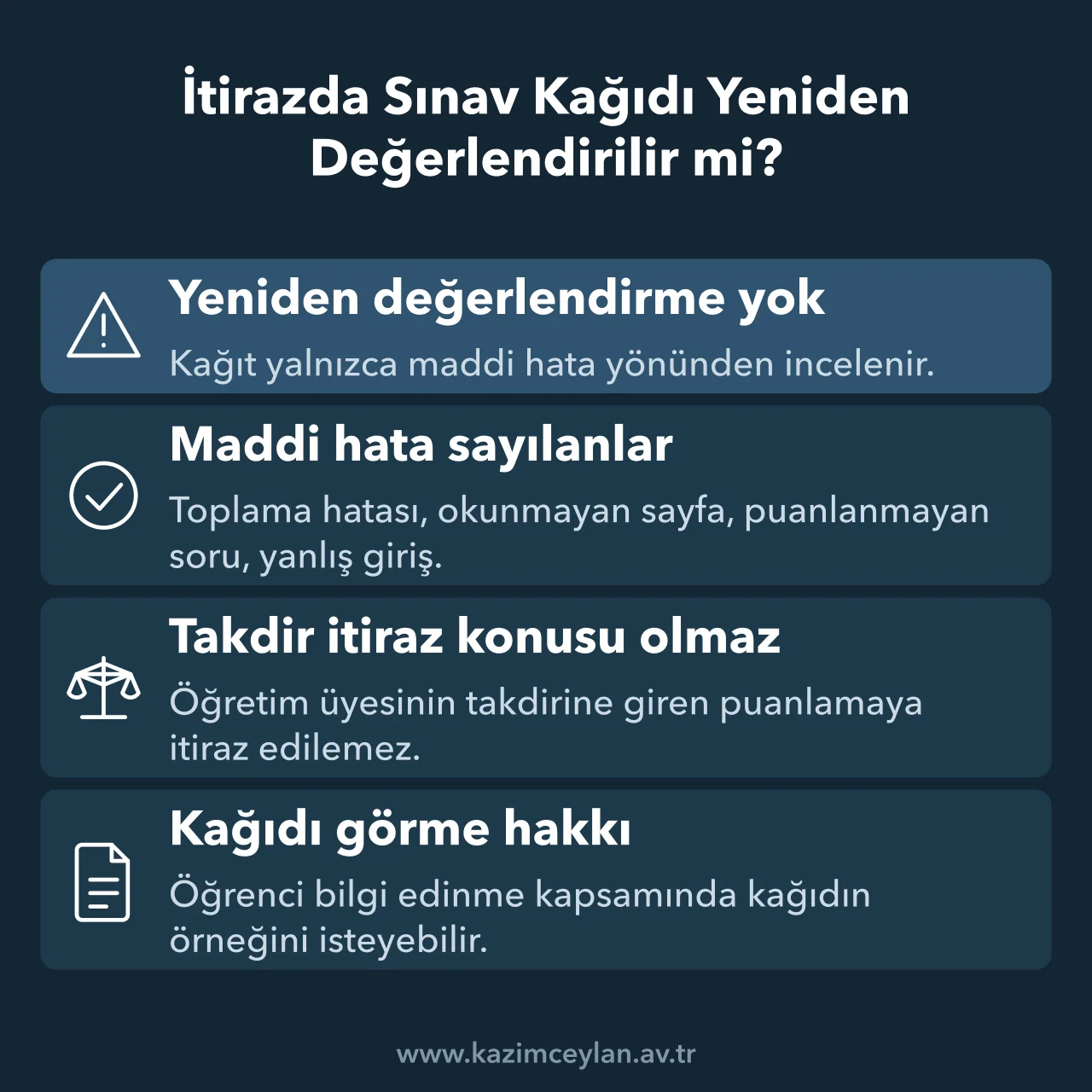İtirazda Sınav Kağıdı Yeniden Değerlendirilir mi Not itirazında incelenen maddi hataları ve takdir yetkisinin sınırını gösteren şema