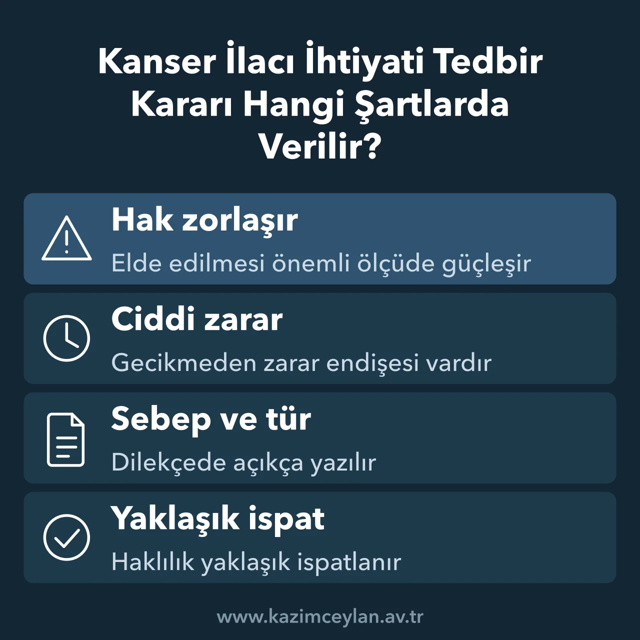 Kanser İlacı İhtiyati Tedbir Kararı Hangi Şartlarda Verilir HMK kapsamında kanser ilacı ihtiyati tedbirinin şartlarını sıralayan kart