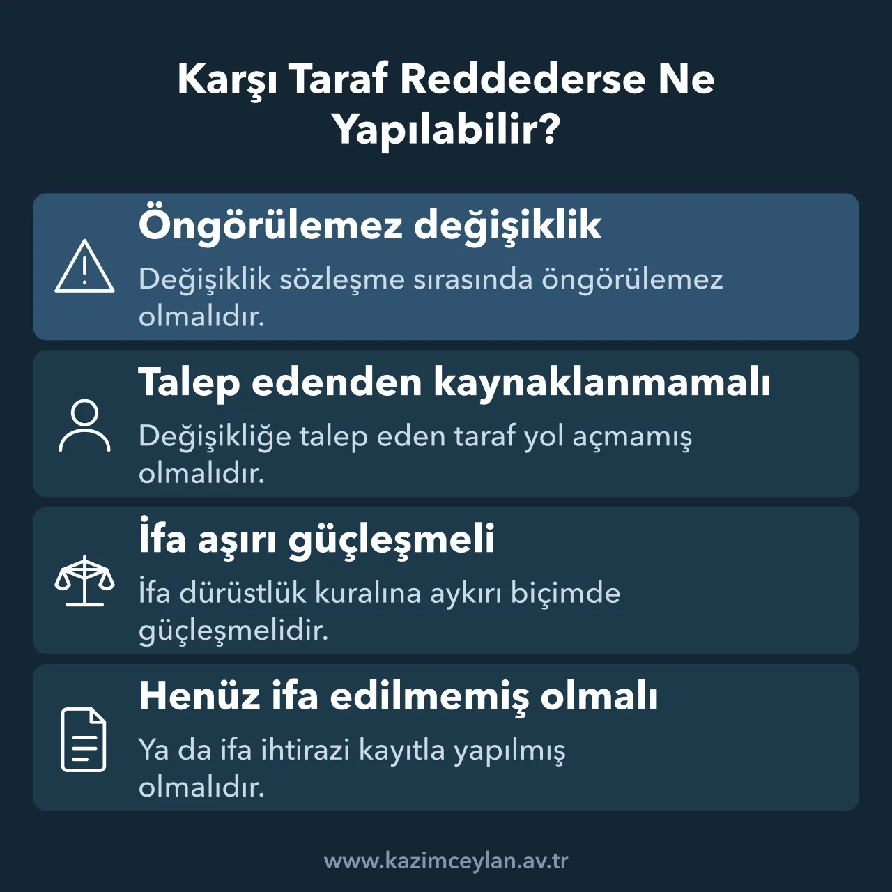 Karşı Taraf Reddederse Ne Yapılabilir Ret halinde TBK 138 uyarınca uyarlama davası için aranan dört şartı gösteren şema