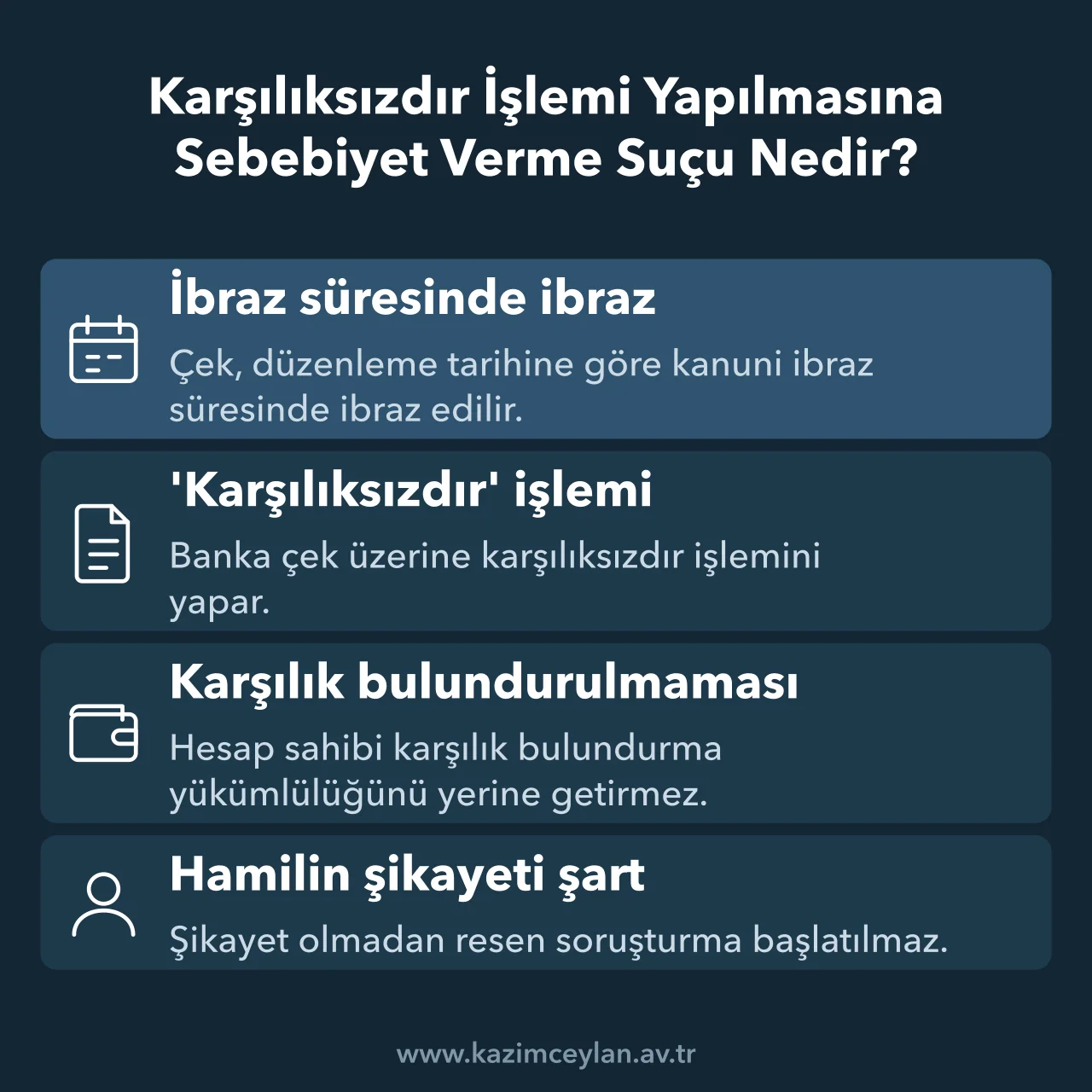 Karşılıksız çek suçunun birlikte aranan unsurlarını ve şikayet şartını gösteren şema