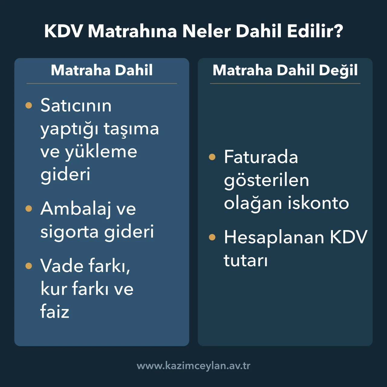 KDV Matrahına Neler Dahil Edilir KDV matrahına dahil olan ve olmayan unsurları karşılaştıran şema
