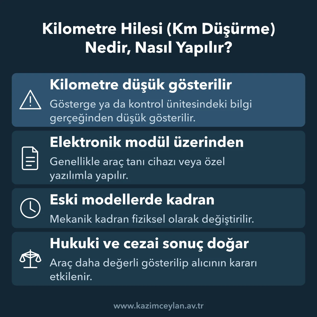 Kilometre Hilesi Km Düşürme Nedir, Nasıl Yapılır Kilometre düşürmenin hangi yöntemlerle yapıldığını ve doğurduğu sonuçları özetleyen kart