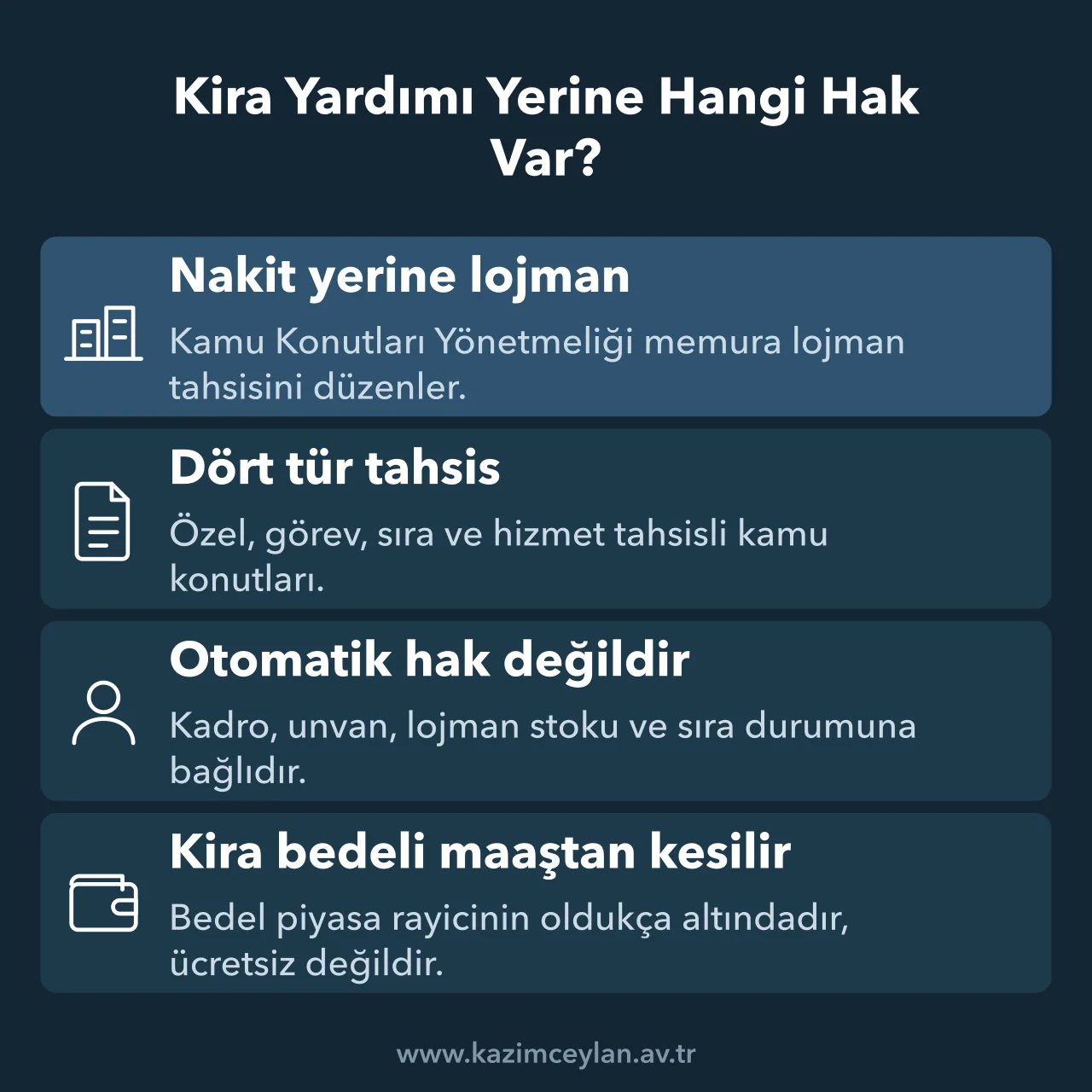 Memura nakit kira yardımı yerine tanınan lojman hakkının türlerini gösteren şema