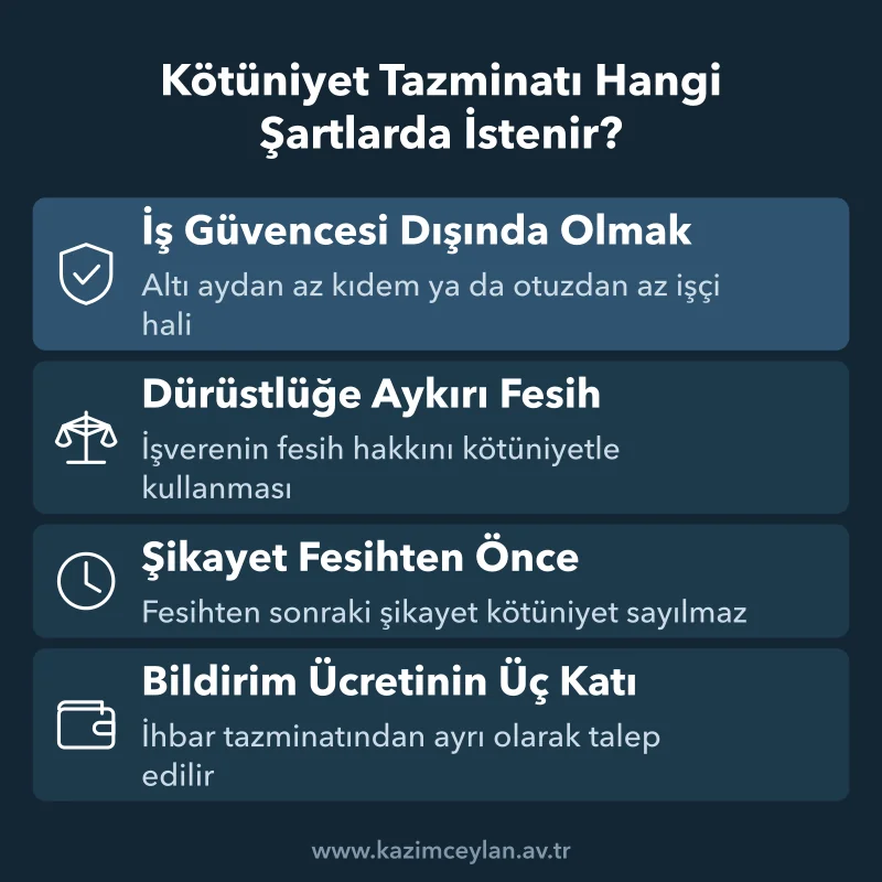 İş güvencesi dışındaki işçi için aranan dört koşulu ve tutar ölçüsünü gösteren şema