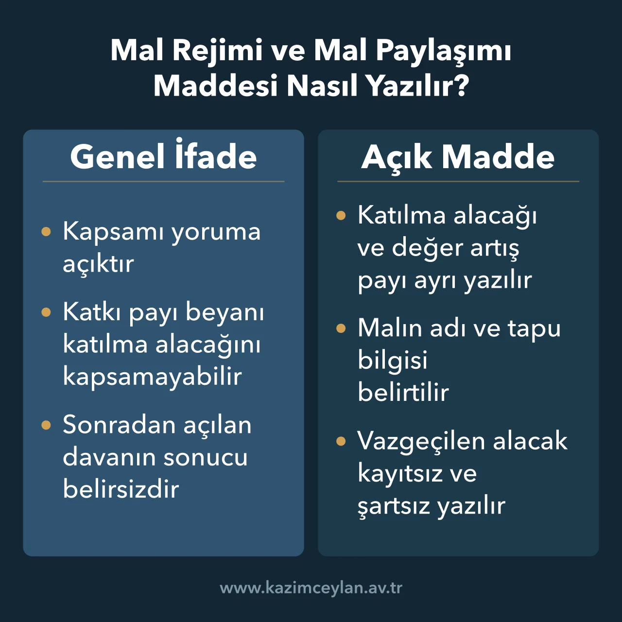 Mal rejimi maddesinde genel ifade ile açık yazılmış maddenin farkını gösteren karşılaştırma kartı