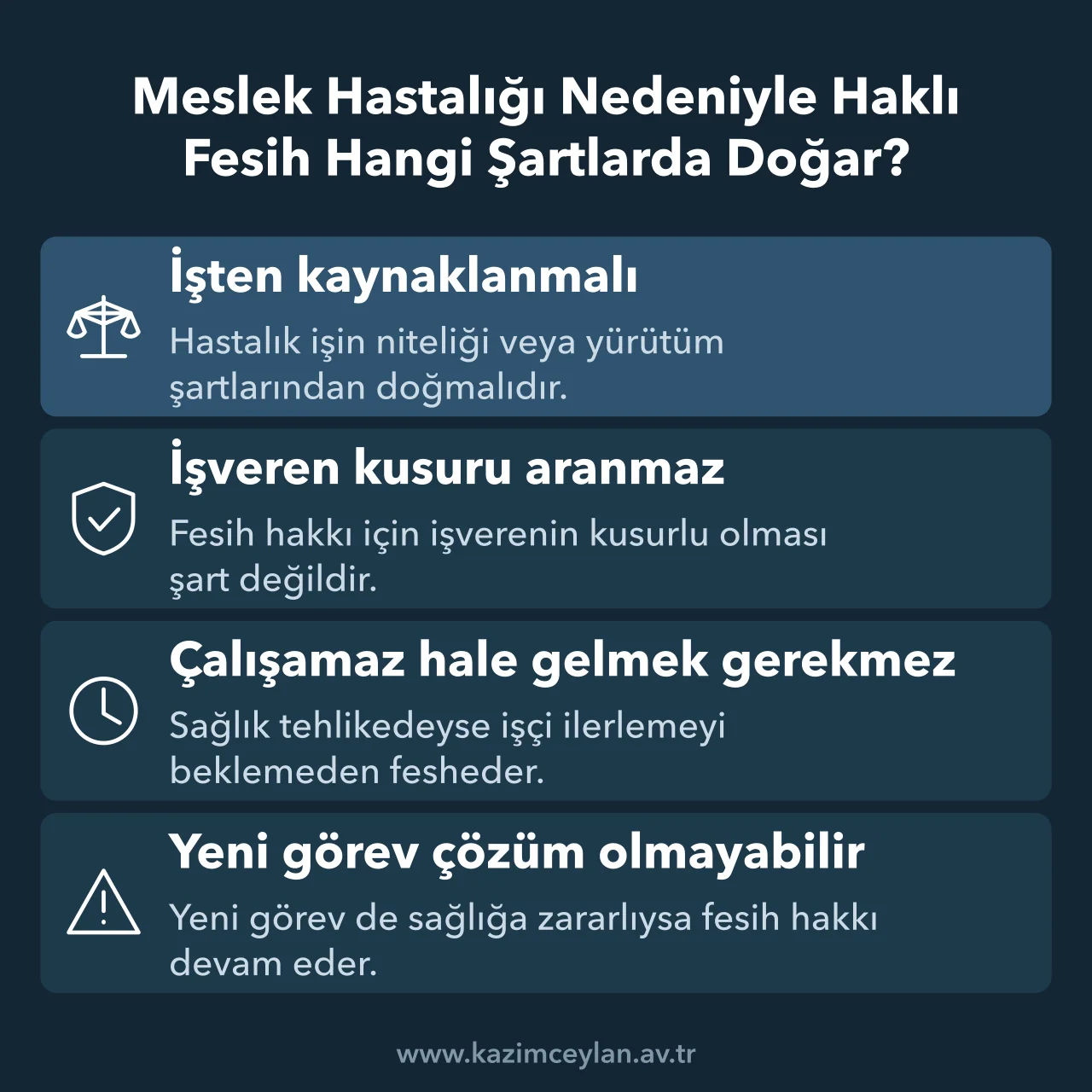 Meslek Hastalığı Nedeniyle Haklı Fesih Hangi Şartlarda Doğar Meslek hastalığında işçinin haklı fesih hakkı için aranan şartları gösteren şema