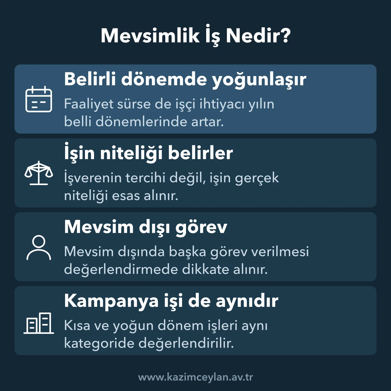 Bir işin mevsimlik sayılıp sayılmadığını belirleyen ölçütleri gösteren şema