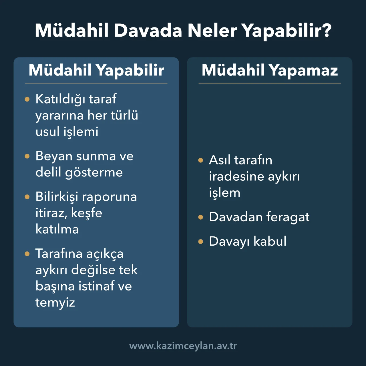 Müdahil Davada Neler Yapabilir Fer'i müdahilin davada yapabildiği ve yapamadığı usul işlemlerini karşılaştıran şema