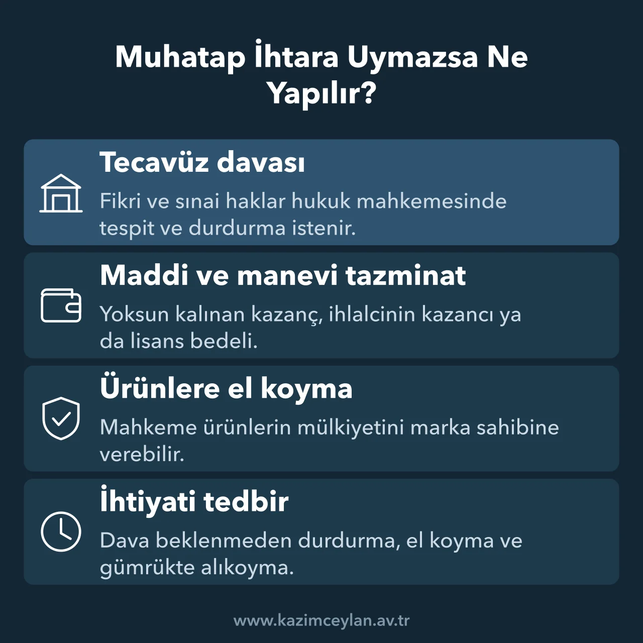 Muhatap İhtara Uymazsa Ne Yapılır İhtara uyulmadığında açılabilecek dava, tazminat ve tedbir yollarını gösteren şema