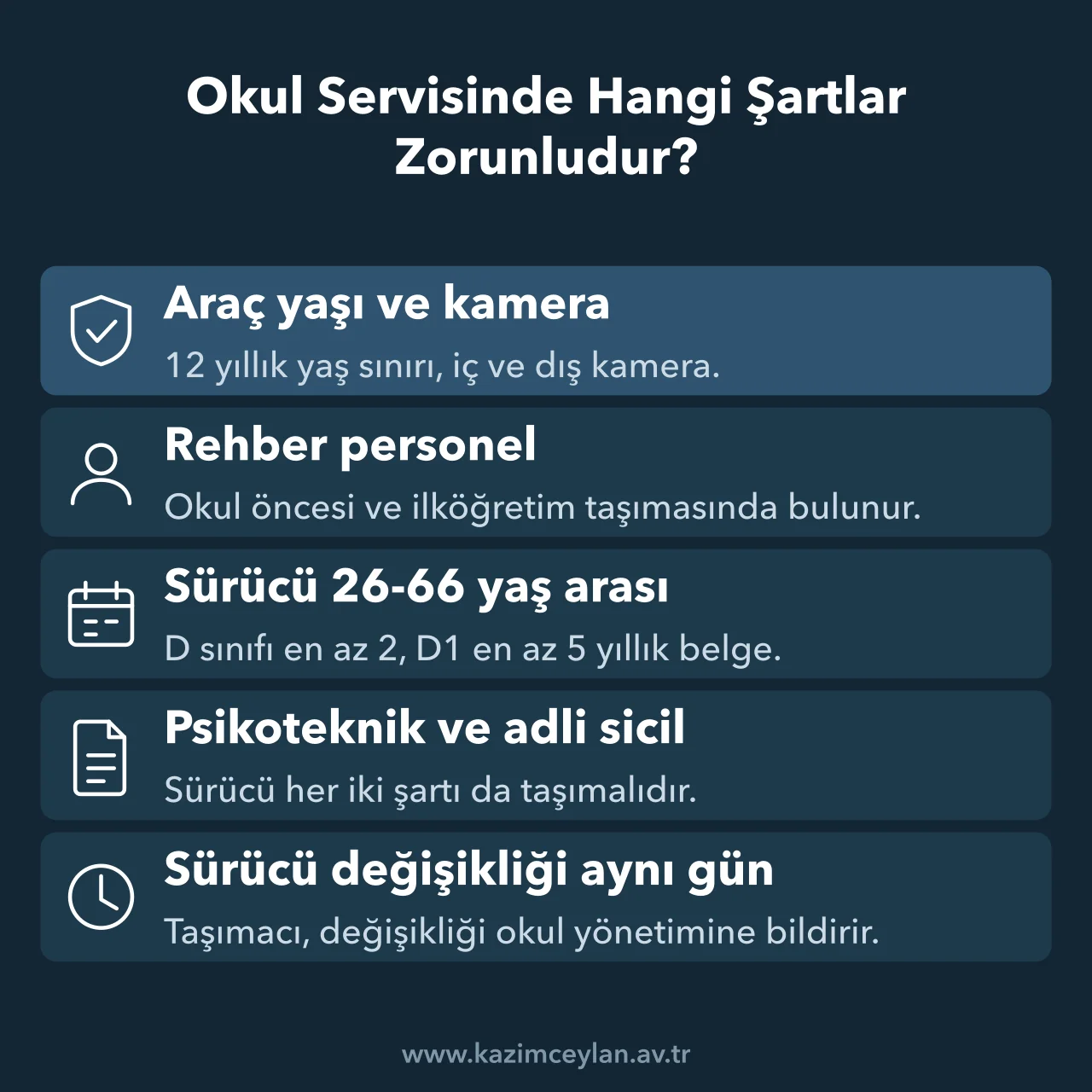 Okul servis aracında, rehber personelde ve sürücüde aranan şartları özetleyen şema