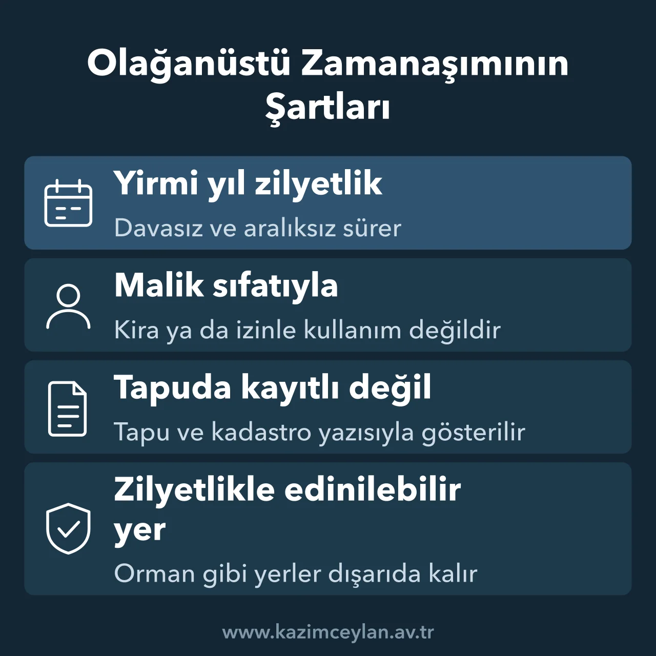 Olağanüstü zamanaşımı ile tescilin dört şartını gösteren şema