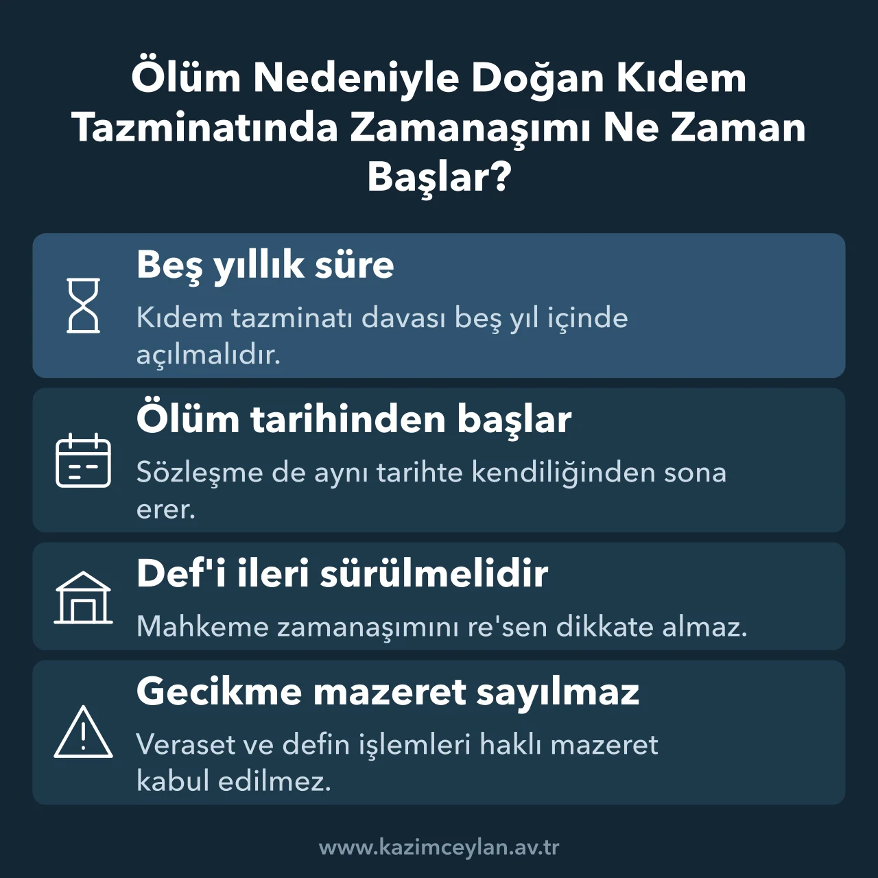 Ölen işçinin kıdem tazminatında beş yıllık süreyi ve def'i kuralını gösteren şema