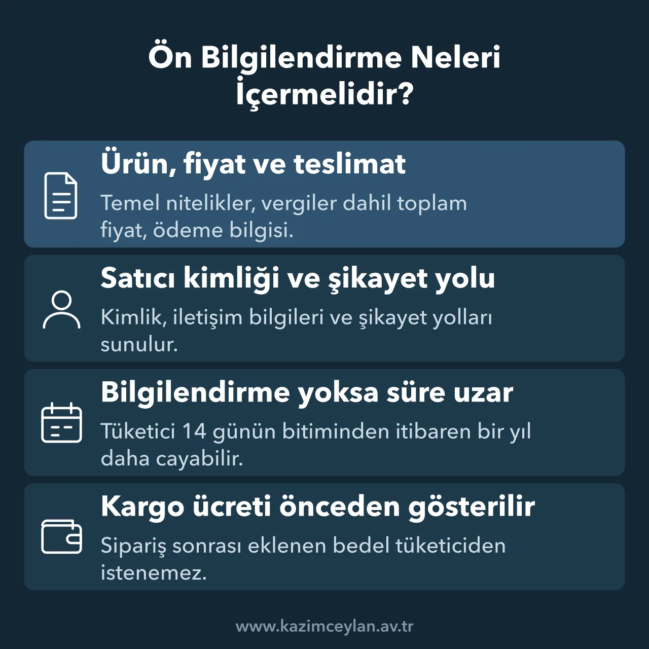 Ön Bilgilendirme Neleri İçermelidir Mesafeli satışta ön bilgilendirmenin zorunlu içeriğini ve eksikliğin sonucunu anlatan şema