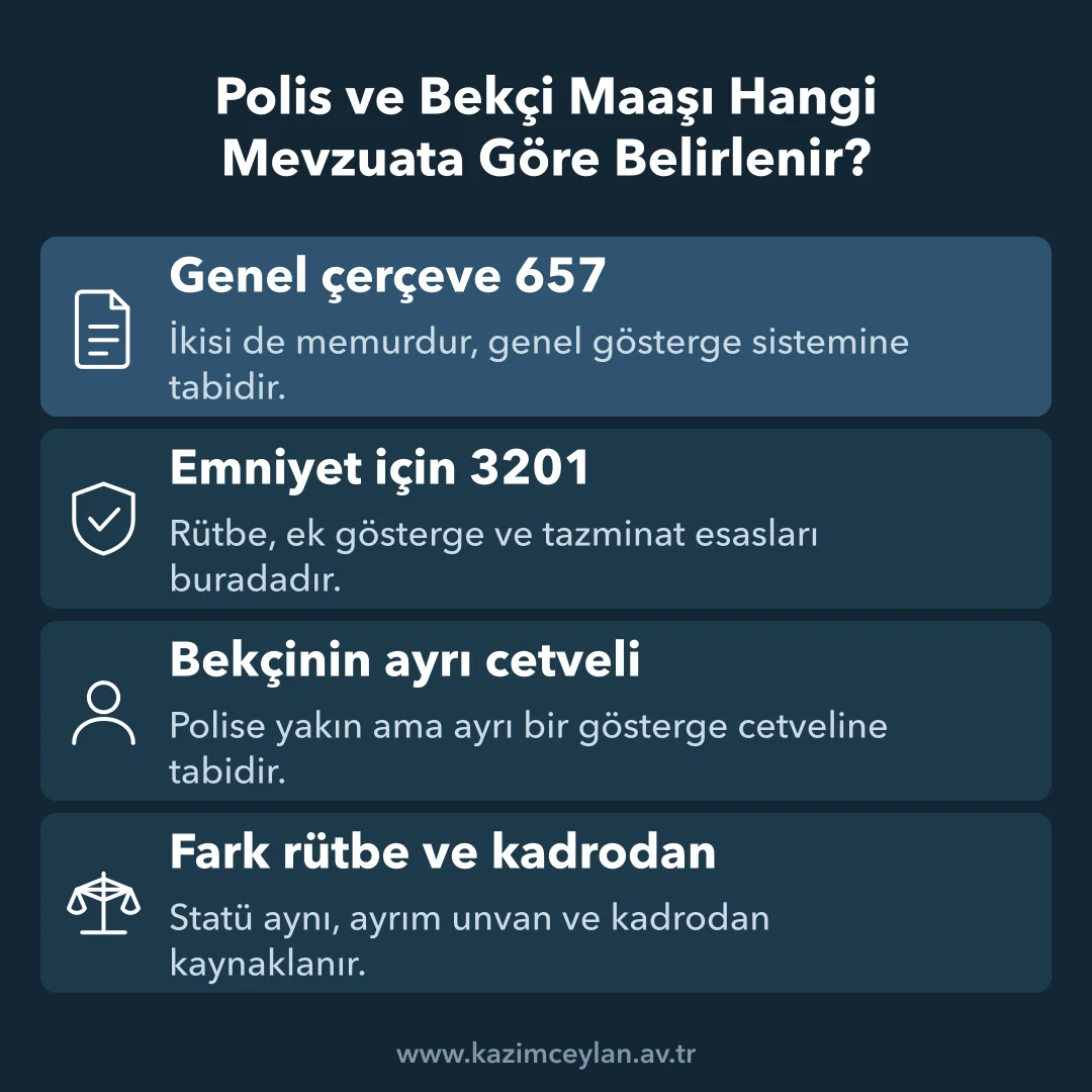 Polis ve Bekçi Maaşı Hangi Mevzuata Göre Belirlenir Polis ve bekçi maaşının dayandığı kanunları ve aradaki farkı gösteren şema