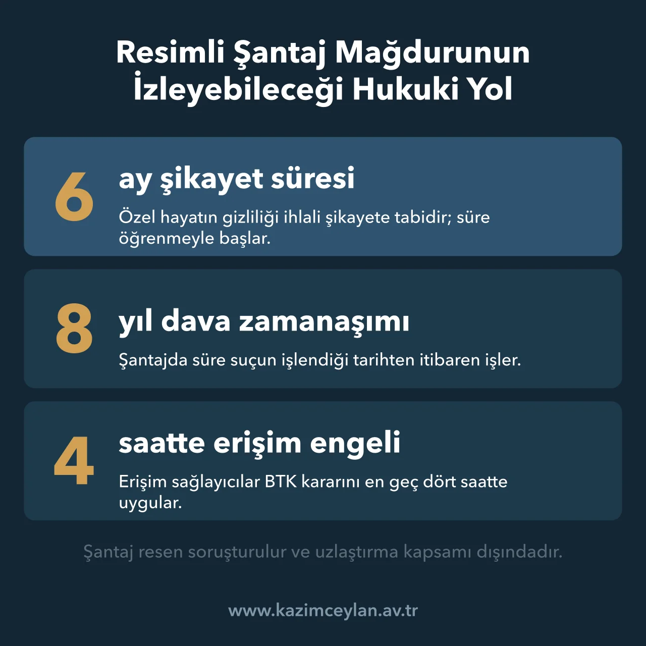 Şikayet süresi, dava zamanaşımı ve erişim engelinin uygulanma süresini gösteren şema