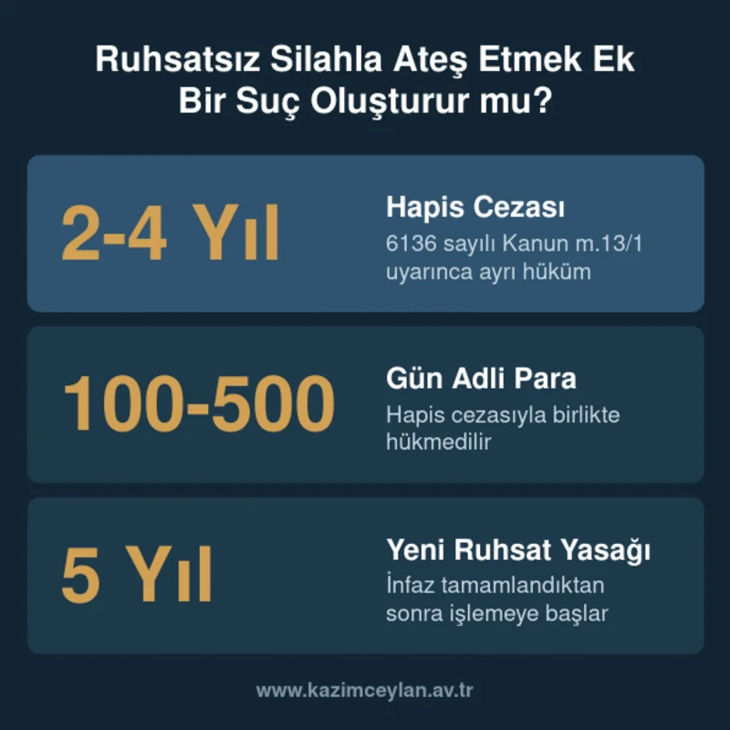 Alt metin: Ruhsatsız silahla ateş etmenin hapis, adli para ve ruhsat yasağı rakamlarını gösteren kart