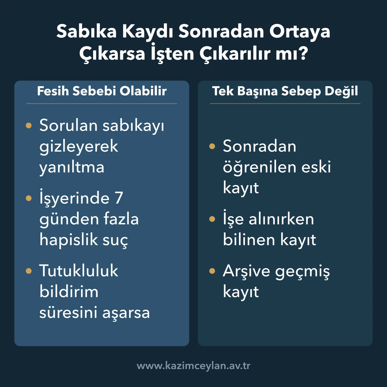 İşe girişte sabıkayı gizleme, işyerinde suç ve tutuklamada fesih hallerini gösteren şema