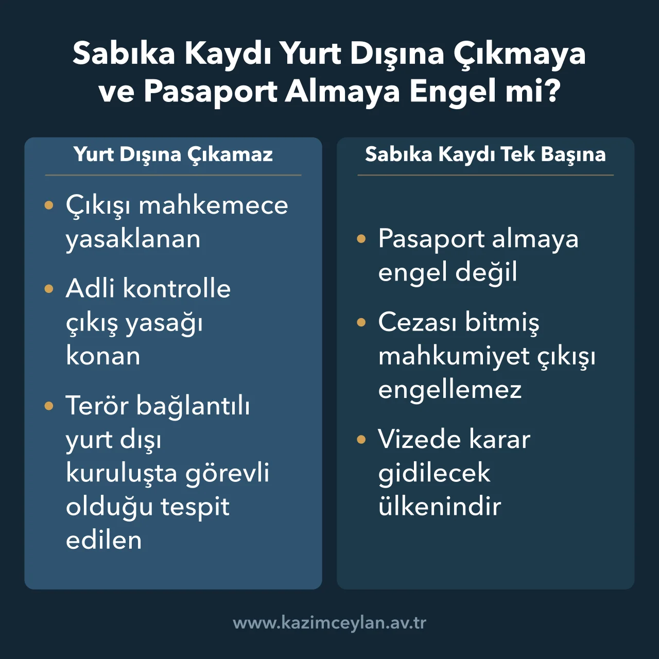 Pasaport ve yurt dışı çıkış yasağı ile sabıka kaydının etkisini karşılaştıran şema