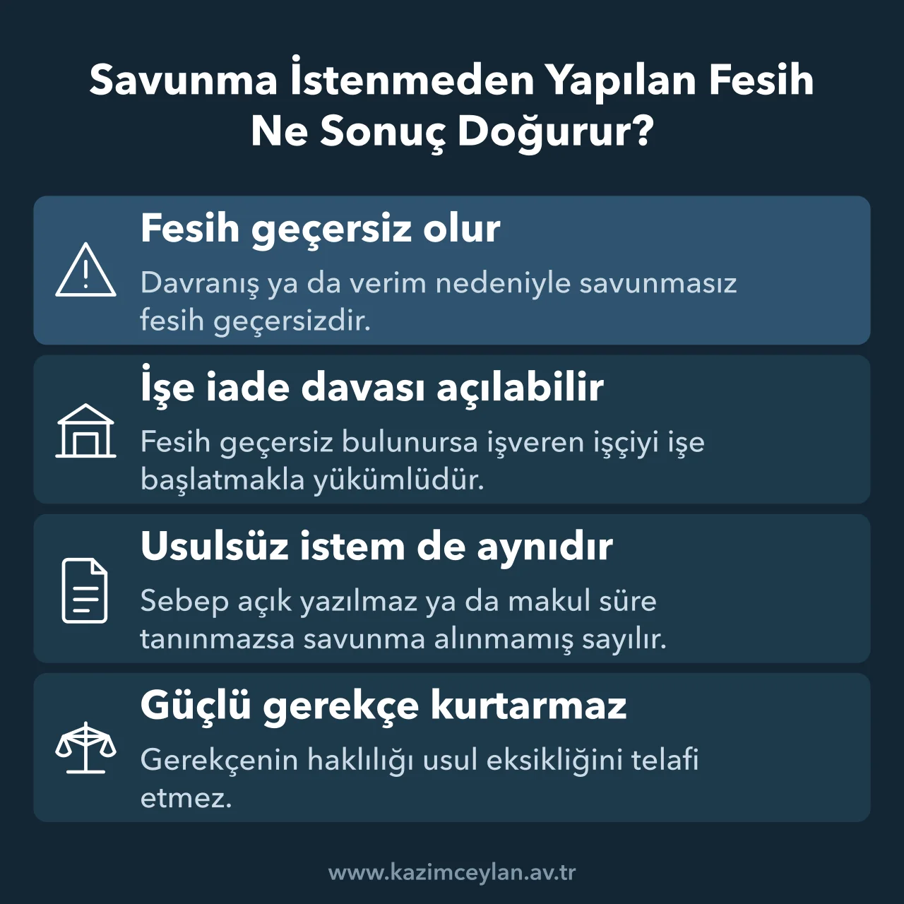 Savunma İstenmeden Yapılan Fesih Ne Sonuç Doğurur Savunma alınmadan yapılan geçerli feshin işe iade bakımından sonuçlarını özetleyen kart
