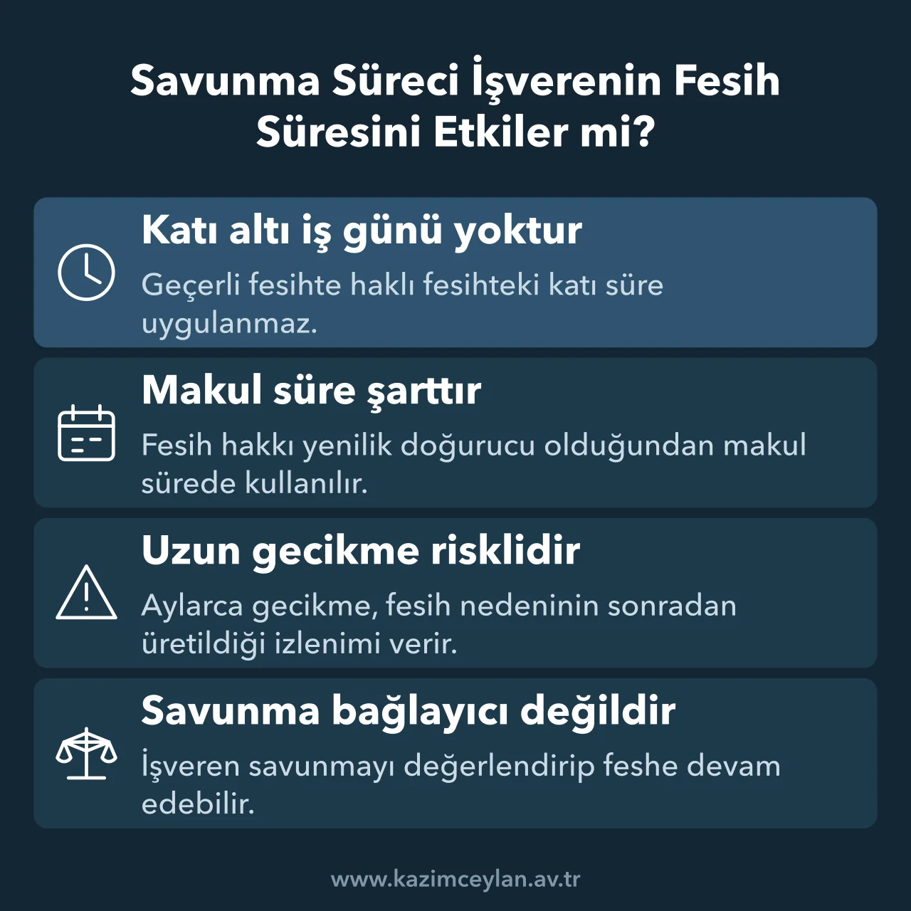 Savunma Süreci İşverenin Fesih Süresini Etkiler mi Geçerli fesihte savunma sonrası fesih hakkının hangi sürede kullanılacağını özetleyen kart