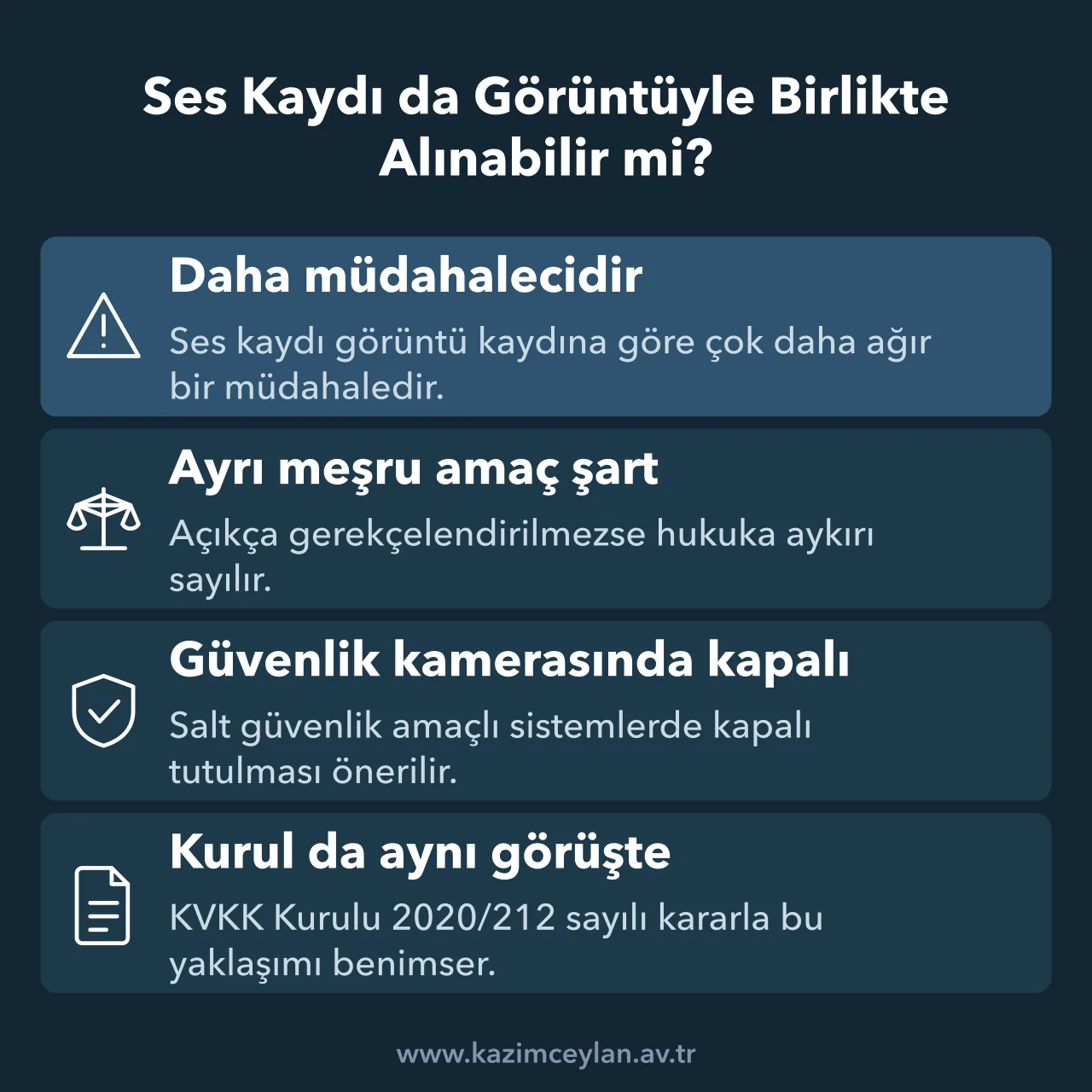İşyeri kamerasında ses kaydının neden ayrı bir gerekçe gerektirdiğini gösteren şema