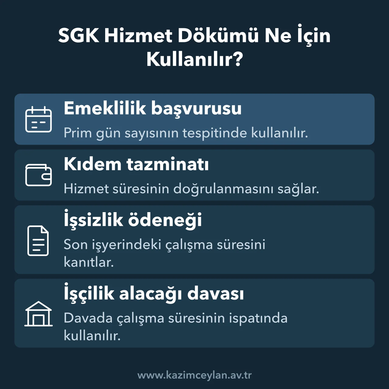 SGK hizmet dökümünün emeklilik, kıdem ve işsizlik başvurularında kullanımını gösteren şema