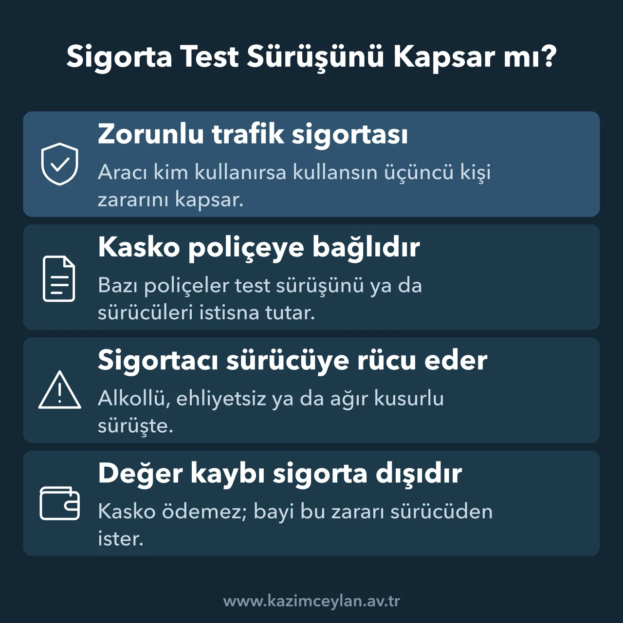 Sigorta Test Sürüşünü Kapsar mı Trafik sigortası, kasko, rücu ve değer kaybının test sürüşündeki durumunu özetleyen şema