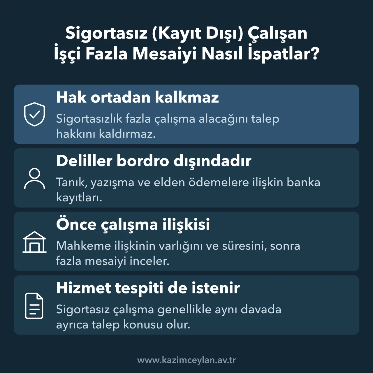 Sigortasız Kayıt Dışı Çalışan İşçi Fazla Mesaiyi Nasıl İspatlar Sigortasız çalışan işçinin fazla mesaiyi hangi delillerle ispatlayacağını gösteren kart