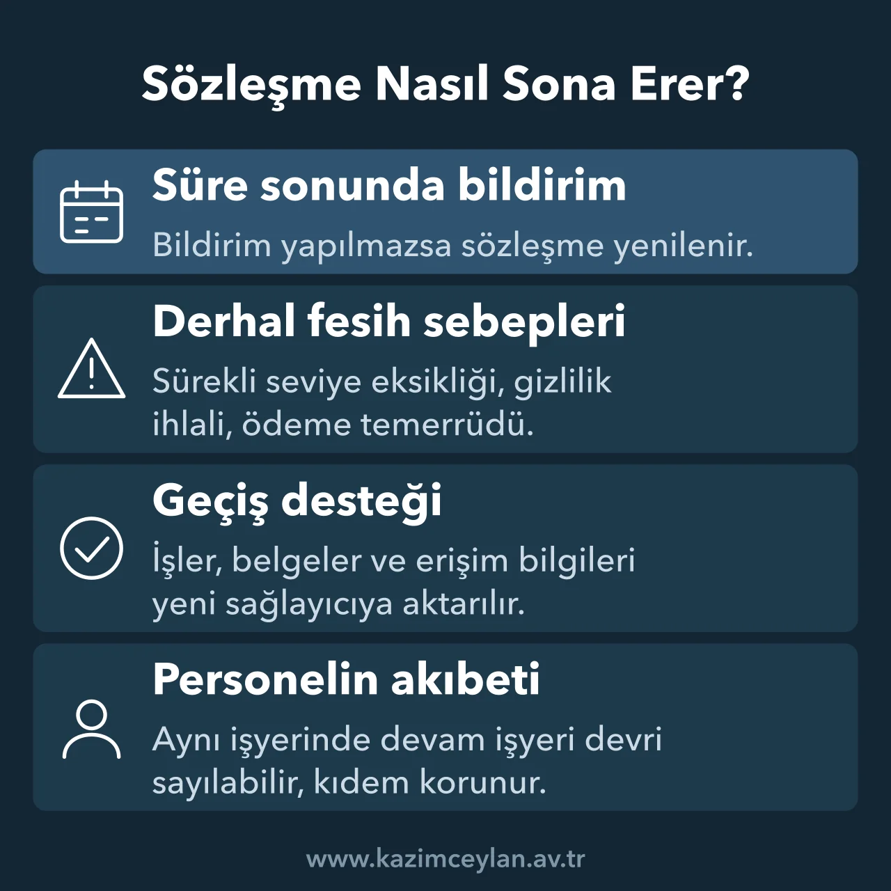 Yenilenme, derhal fesih, geçiş desteği ve personelin akıbetini gösteren şema