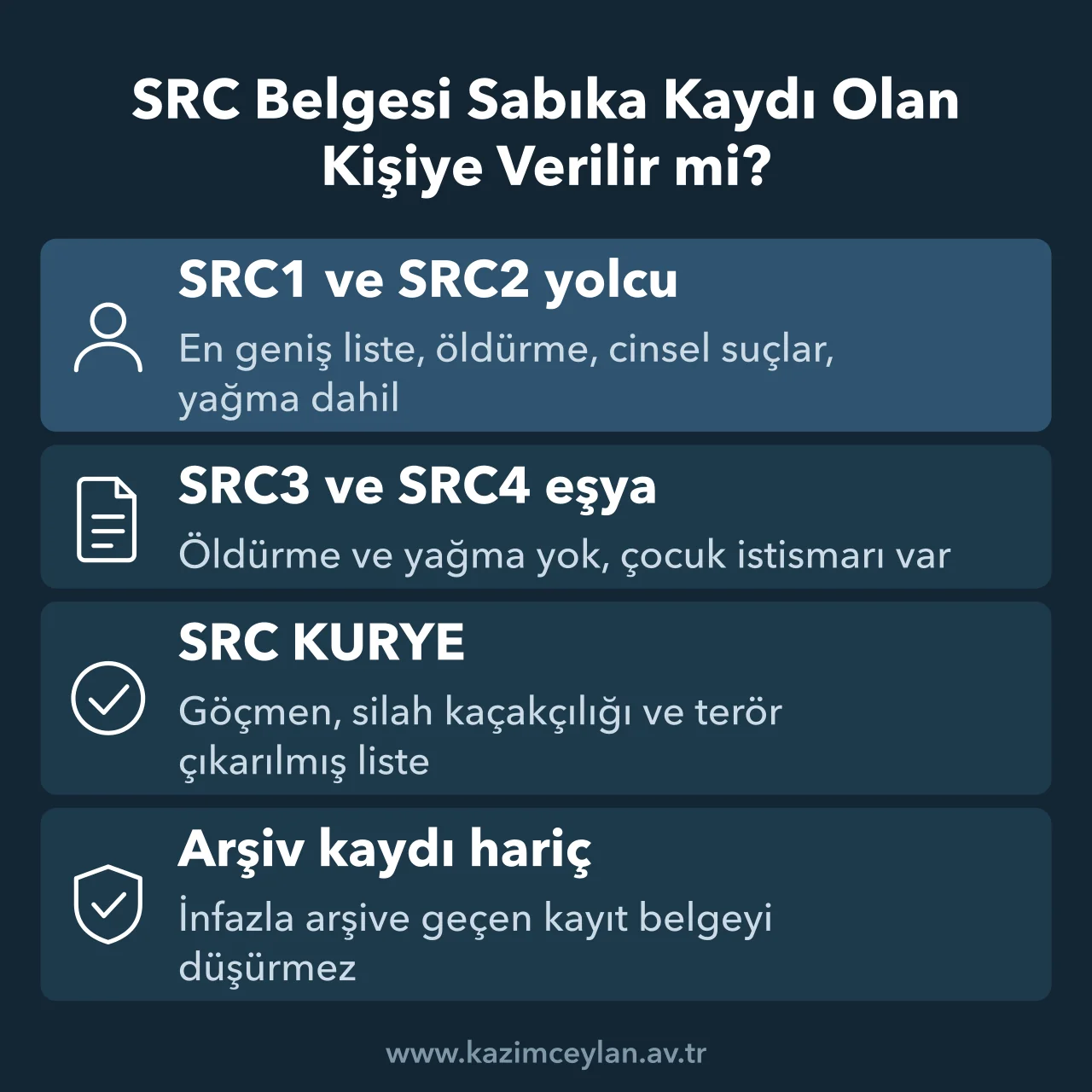 SRC Belgesi Sabıka Kaydı Olan Kişiye Verilir mi Sabıkası olan taksici olabilir mi sorusunda SRC türlerine göre engel suçları gösteren şema