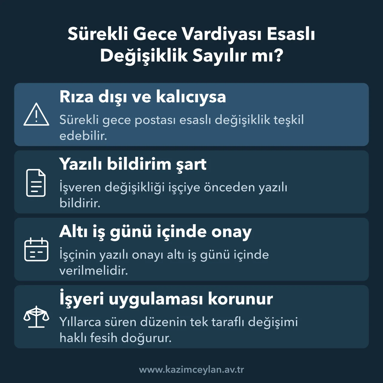 Sürekli Gece Vardiyası Esaslı Değişiklik Sayılır mı Sürekli gece postasına geçişte bildirim, onay süresi ve işyeri uygulamasını gösteren şema
