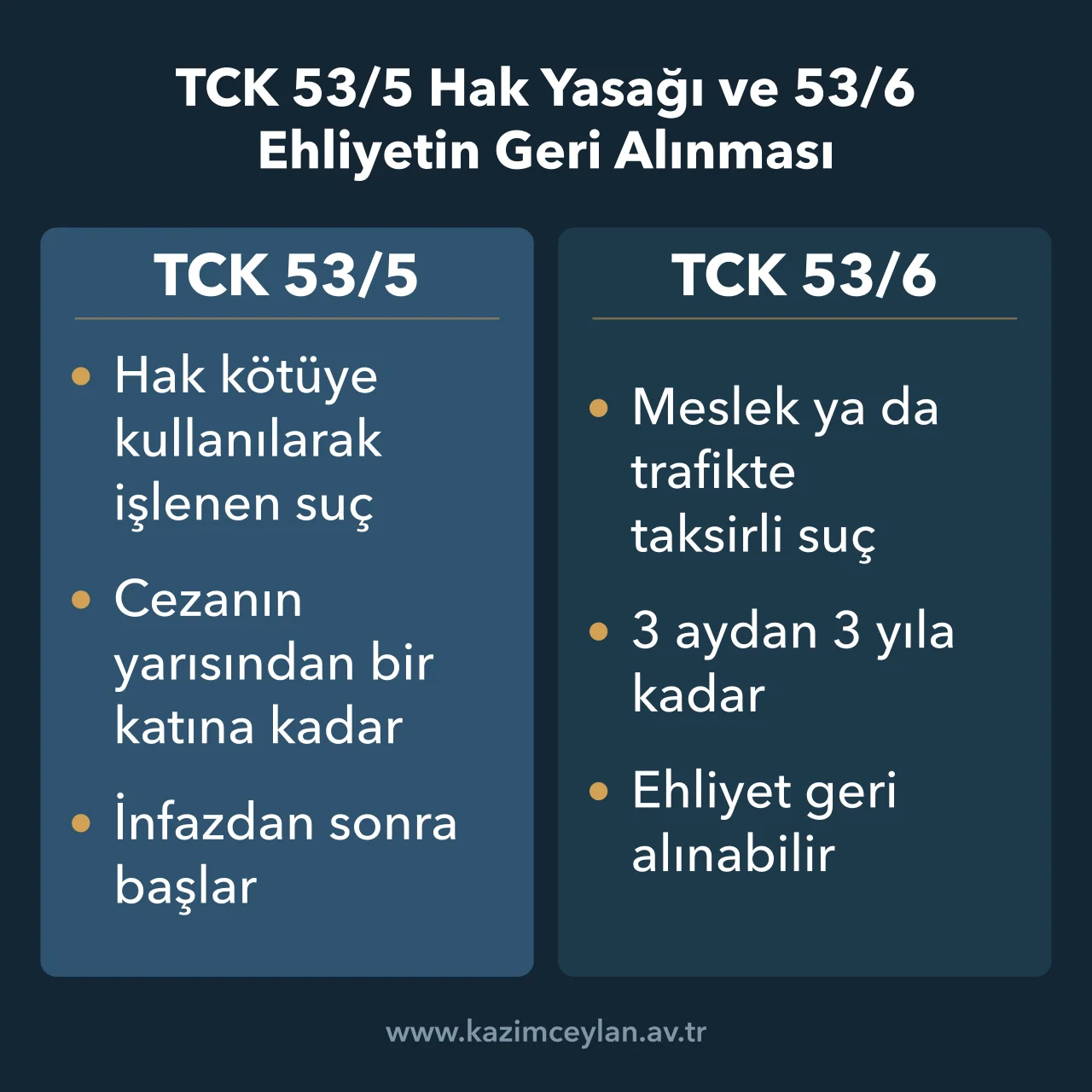 TCK 53 5 Hak Yasağı ve 53 6 Ehliyetin Geri Alınması TCK 53/5 hak yasağı ile 53/6 ehliyetin geri alınması arasındaki farkları gösteren şema