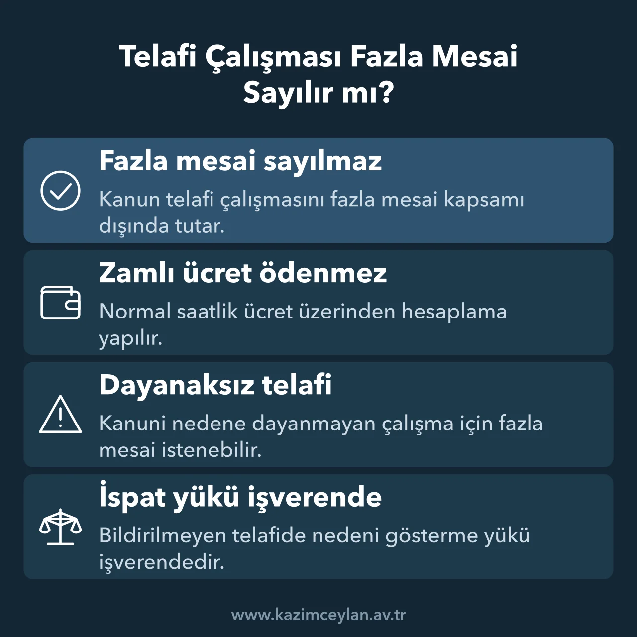 Telafi çalışmasının fazla mesaiden farkını ve ispat yükünü özetleyen şema