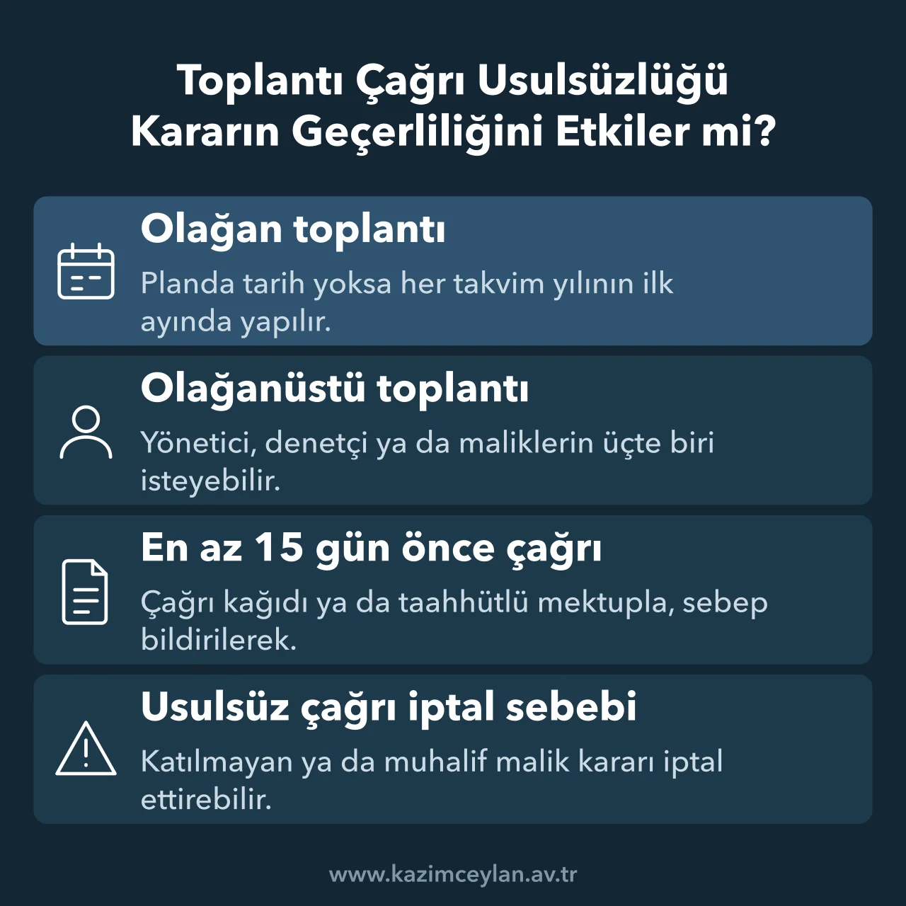 Toplantı Çağrı Usulsüzlüğü Kararın Geçerliliğini Etkiler mi Olağan ve olağanüstü kurul toplantısında çağrı süresini ve biçimini gösteren şema