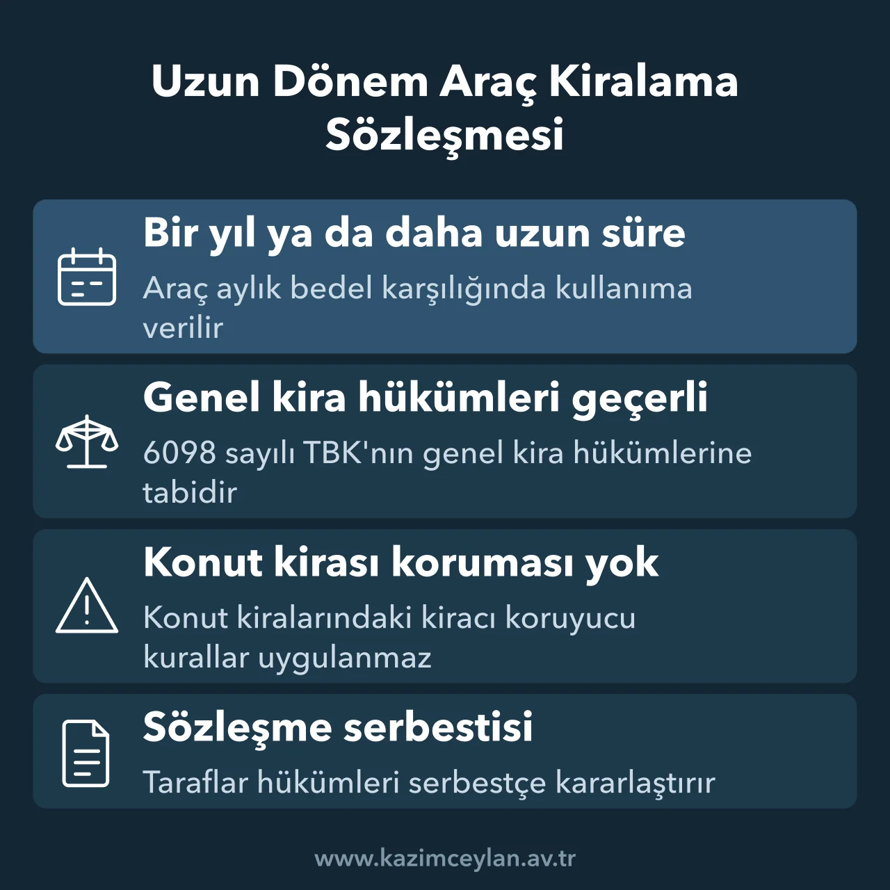 Uzun dönem araç kiralamanın süresini, tabi olduğu hükümleri ve serbestisini özetleyen şema
